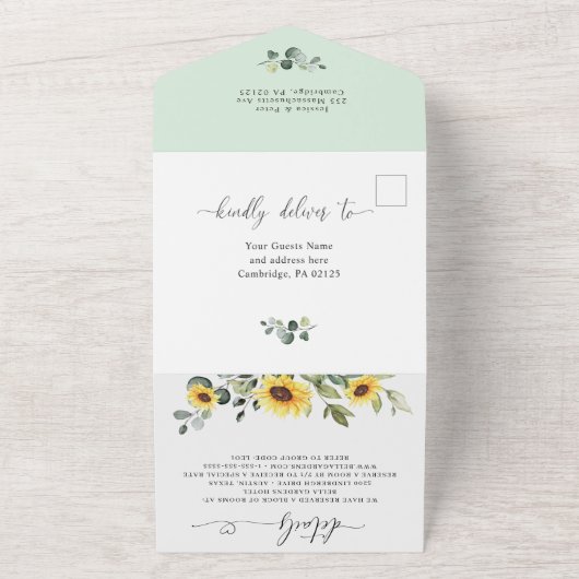 Invitation Tout En Un Elégant Eucalyptus Sunflowers Mariage code QR (Dehors)