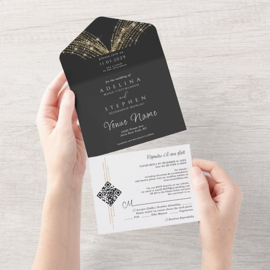 Invitation Tout En Un Élégant Fairy Lights Black & Gold QR Code Mariage (Déchirure)