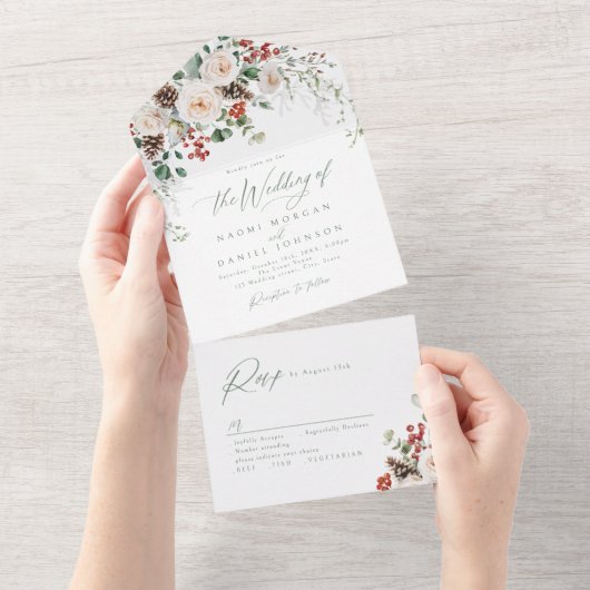 Invitation Tout En Un Elegant Festive Floral Holiday Winter Wedding (Déchirure)