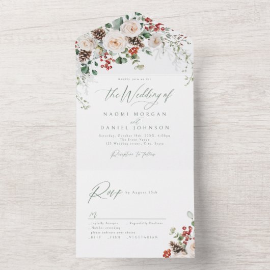 Invitation Tout En Un Elegant Festive Floral Holiday Winter Wedding (À l'intérieur)