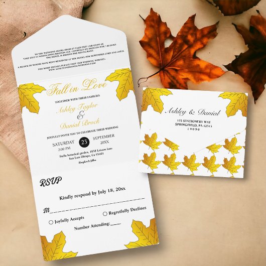 Invitation Tout En Un Élégant Feuilles d'or rustique automne Mariage flo