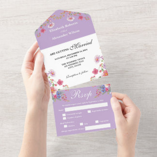 Invitation Tout En Un Élégant Fleur sauvage couleur violet Mariage