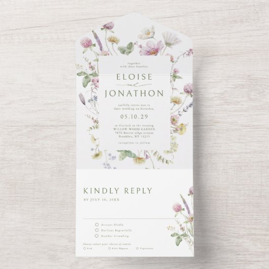 Invitation Tout En Un Élégant Fleur sauvage Pastel Soft Mariage botaniqu (À l'intérieur)