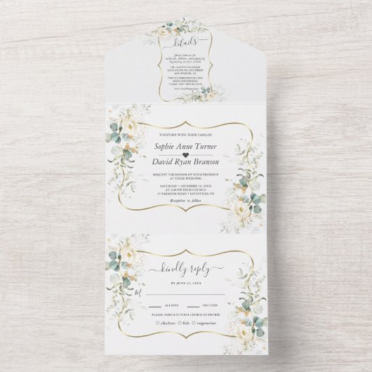 Invitation Tout En Un Élégant Fleurs Blanches Eucalyptus Or Mariage   (À l'intérieur)