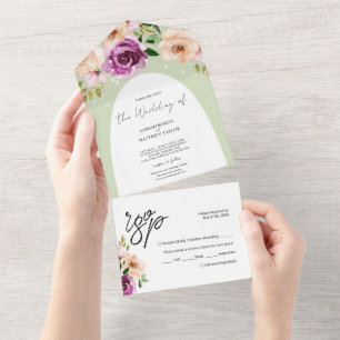 Invitation Tout En Un Élégant Fleurs d'aquarelle romantique pourpre de p