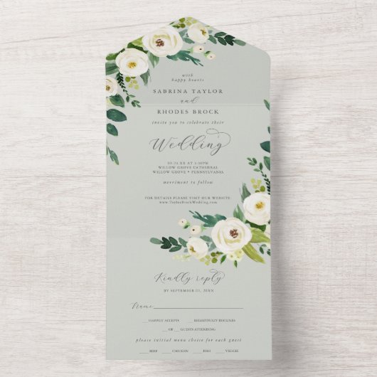 Invitation Tout En Un Élégant floral blanc | Mariage Sage Mint (À l'intérieur)