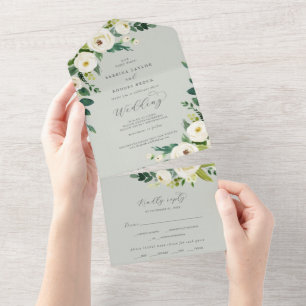 Invitation Tout En Un Élégant floral blanc Mariage Sage Mint