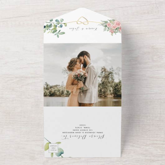 Invitation Tout En Un Élégant Floral Blush Mariage rose tout en un (Dehors)