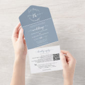 Invitation Tout En Un Élégant Floral Dusty Blue Monogram QR Code Mariage (Déchirure)