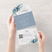 Invitation Tout En Un Élégant Floral Dusty Blue Qr Code Mariage (Déchirure)