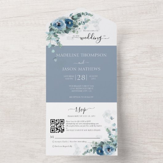 Invitation Tout En Un Élégant Floral Dusty Blue Qr Code Mariage (À l'intérieur)