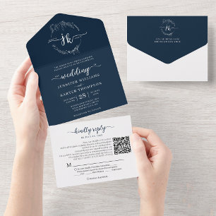 Invitation Tout En Un Elégant Floral Navy Blue Monogram QR Code Mariage