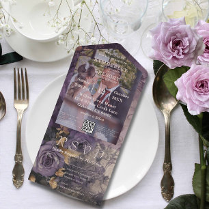 Invitation Tout En Un Élégant floral noir prune violet Rose photo QR Cod
