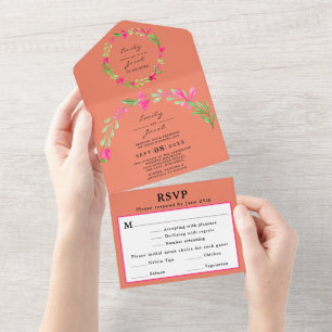 Invitation Tout En Un Élégant floral rose verdure corail orange réponse 