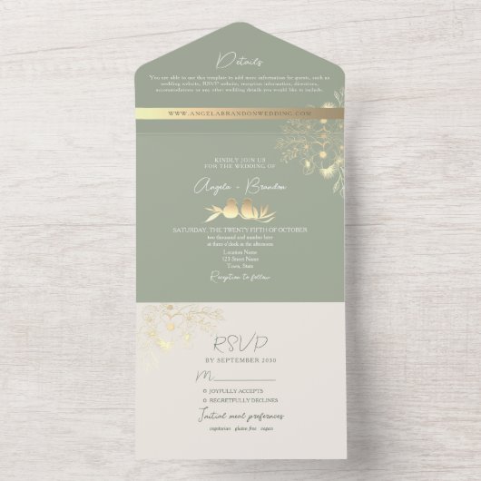 Invitation Tout En Un Elégant Gold Greenery Sage Mariage (À l'intérieur)