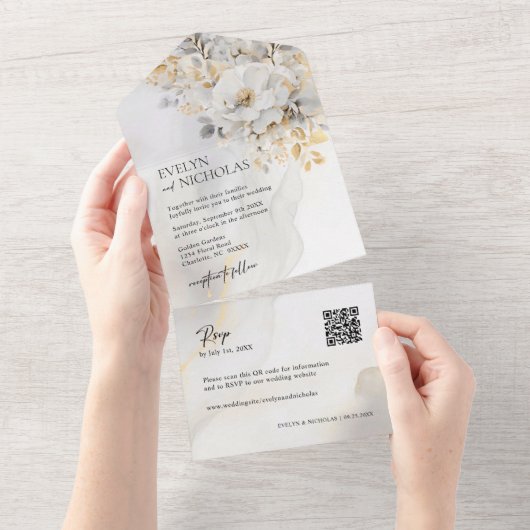 Invitation Tout En Un Elégant Gold Grey Gold Floral Wash Mariage de code (Déchirure)
