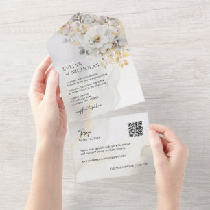 Invitation Tout En Un Elégant Gold Grey Gold Floral Wash Mariage de code