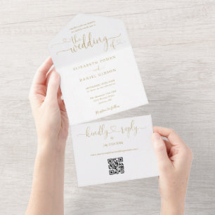 Invitation Tout En Un Élégant Gold Hearts Script QR Code Mariage