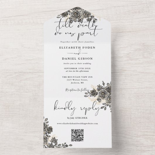 Invitation Tout En Un Élégant gothique Floral Rose QR Code Mariage (À l'intérieur)