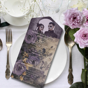 Invitation Tout En Un Élégant gothique foncé violet Rose une photo