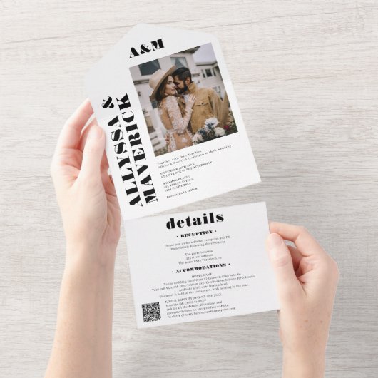 Invitation Tout En Un Élégant Gras simple noir blanc mariage photo (Déchirure)