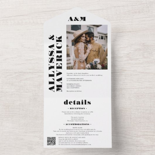 Invitation Tout En Un Élégant Gras simple noir blanc mariage photo (À l'intérieur)