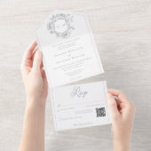 Invitation Tout En Un Elegant Gris Chinoiserie Bird Crest Mariage QR (Déchirure)