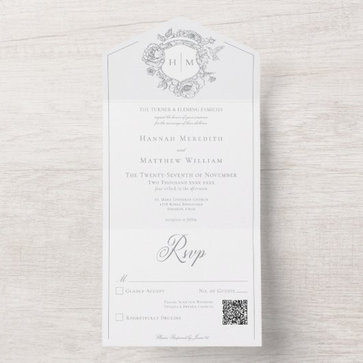 Invitation Tout En Un Elegant Gris Chinoiserie Bird Crest Mariage QR (À l'intérieur)
