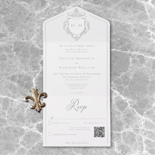 Invitation Tout En Un Elegant Gris Chinoiserie Bird Crest Mariage QR