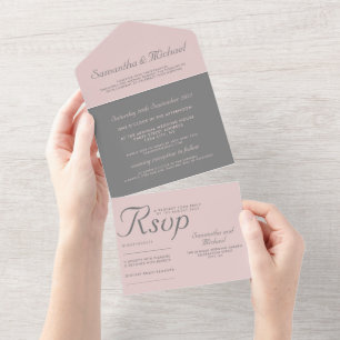 Invitation Tout En Un Élégant Gris et Rose Poussiéreux Minimaliste Tout-