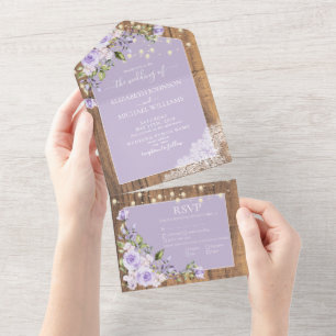 Invitation Tout En Un Élégant Lavande Lilac Rustique Mariage de dentelle