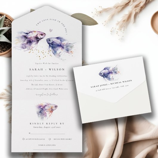 Invitation Tout En Un Elégant Lilac Aquarelle Mariage de poisson côtier