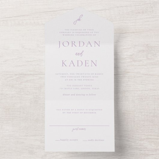 Invitation Tout En Un Élégant Lilac Script Monogram Mariage (À l'intérieur)