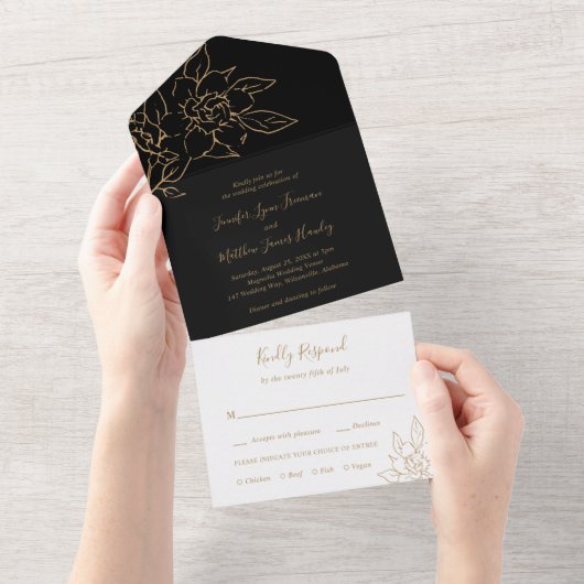 Invitation Tout En Un Elégant Line Art Floral Black and Gold Mariage (Déchirure)