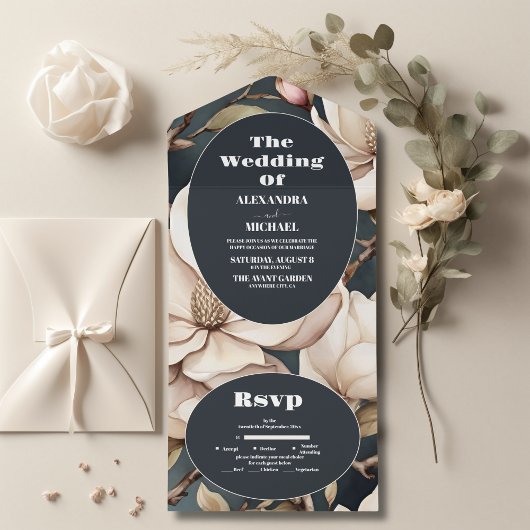 Invitation Tout En Un Elégant Magnolias rose et verdure