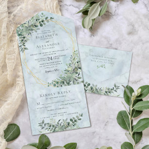 Invitation Tout En Un Elégant marbre Eucalyptus Dusty Mariage bleu
