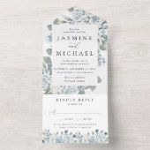 Invitation Tout En Un Elégant Mariage à cadre bleu bleu floral (À l'intérieur)