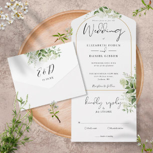 Invitation Tout En Un Élégant Mariage à l'Arche Dorée avec Feuillage Bot
