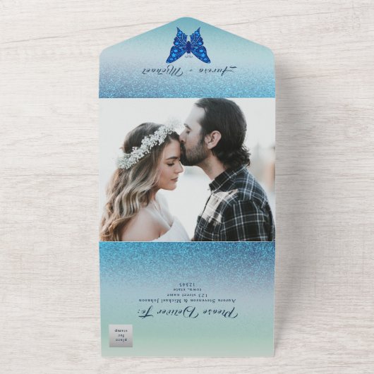 Invitation Tout En Un Élégant Mariage à papillon bleu argenté (Dehors)