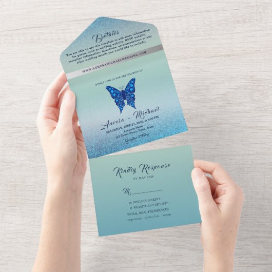 Invitation Tout En Un Élégant Mariage à papillon bleu argenté (Déchirure)
