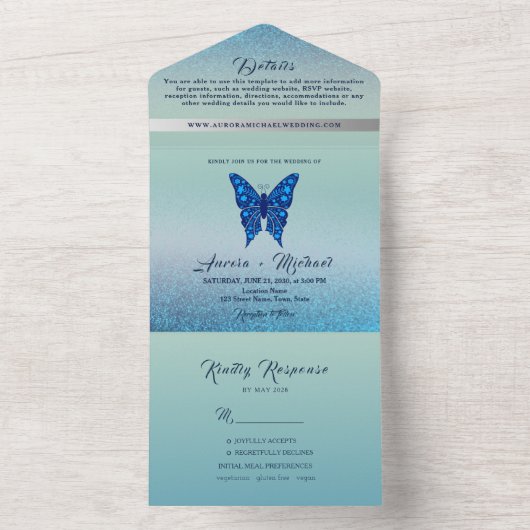 Invitation Tout En Un Élégant Mariage à papillon bleu argenté (À l'intérieur)