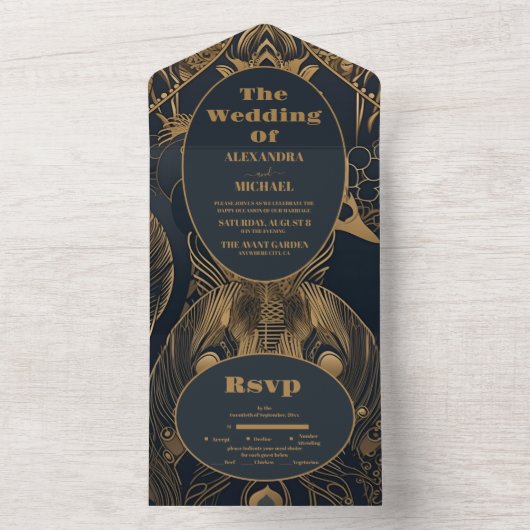 Invitation Tout En Un Elégant Mariage Art Déco Peacocks (À l'intérieur)