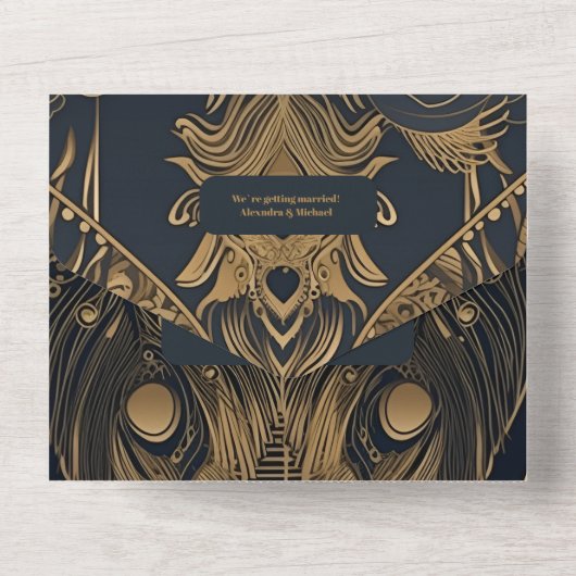 Invitation Tout En Un Elégant Mariage Art Déco Peacocks (Verso)