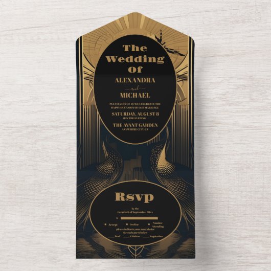 Invitation Tout En Un Elégant Mariage Art Déco Peacocks (À l'intérieur)