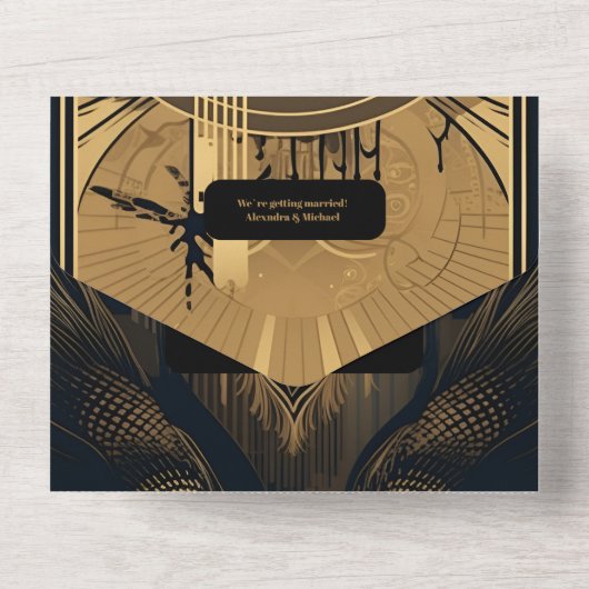 Invitation Tout En Un Elégant Mariage Art Déco Peacocks (Verso)