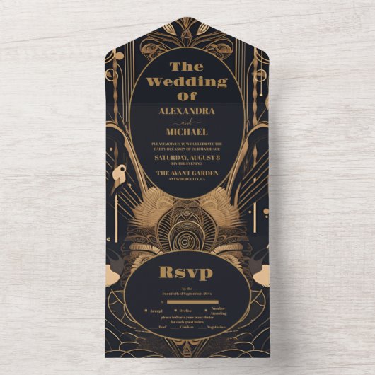 Invitation Tout En Un Elégant Mariage Art Déco Peacocks (À l'intérieur)