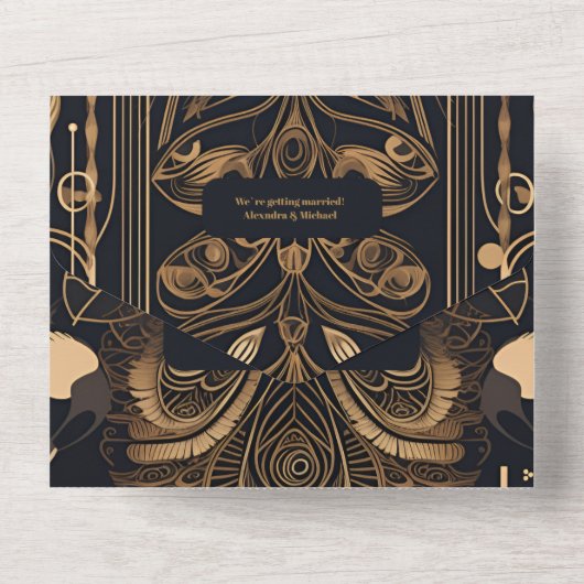 Invitation Tout En Un Elégant Mariage Art Déco Peacocks (Verso)