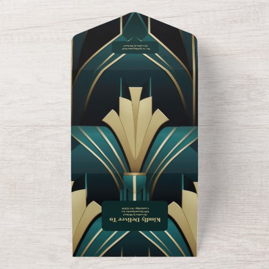 Invitation Tout En Un Élégant Mariage Art déco vert et or (Dehors)