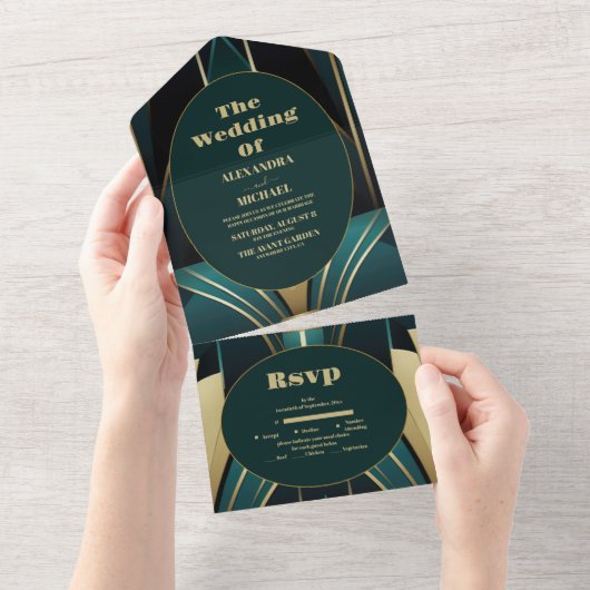 Invitation Tout En Un Élégant Mariage Art déco vert et or (Déchirure)