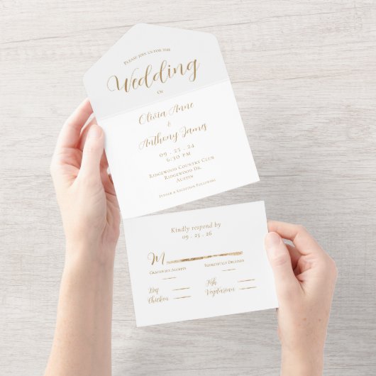 Invitation Tout En Un Élégant Mariage blanc et or (Déchirure)